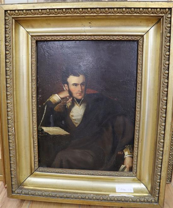 19th century English School, oil on wooden panel, Portrait of an officer seated at a writing table, 38 x 29cm